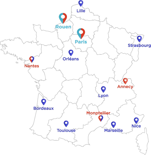 Carte de France représentant les lieux des 12 équipes projets, 12 antennes techniques et 2 unités de fabricati